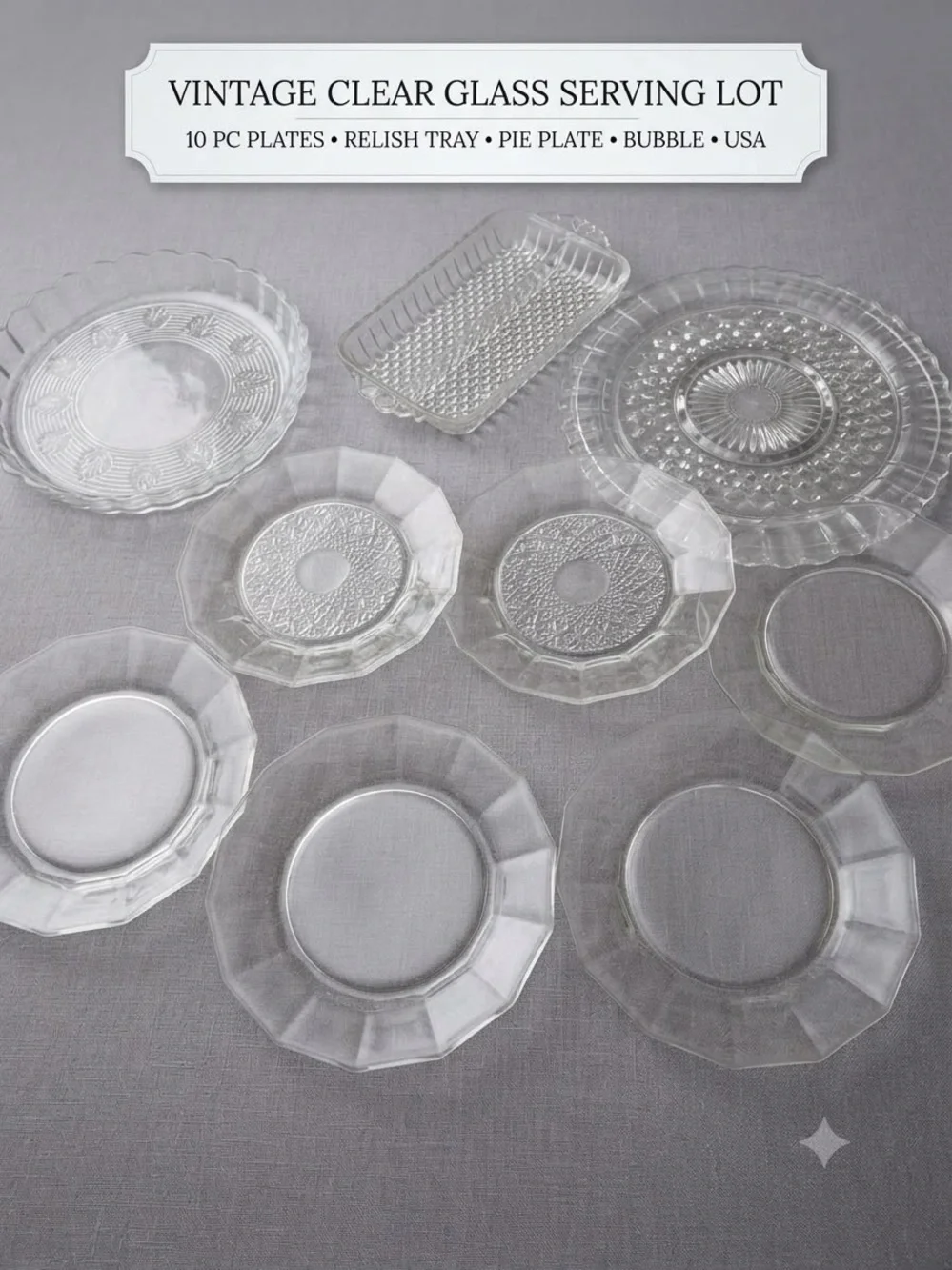 Vintage Clear Glass Serving Lot 10 Pc Plates Relish Tray Pie Plate Bubble USA
